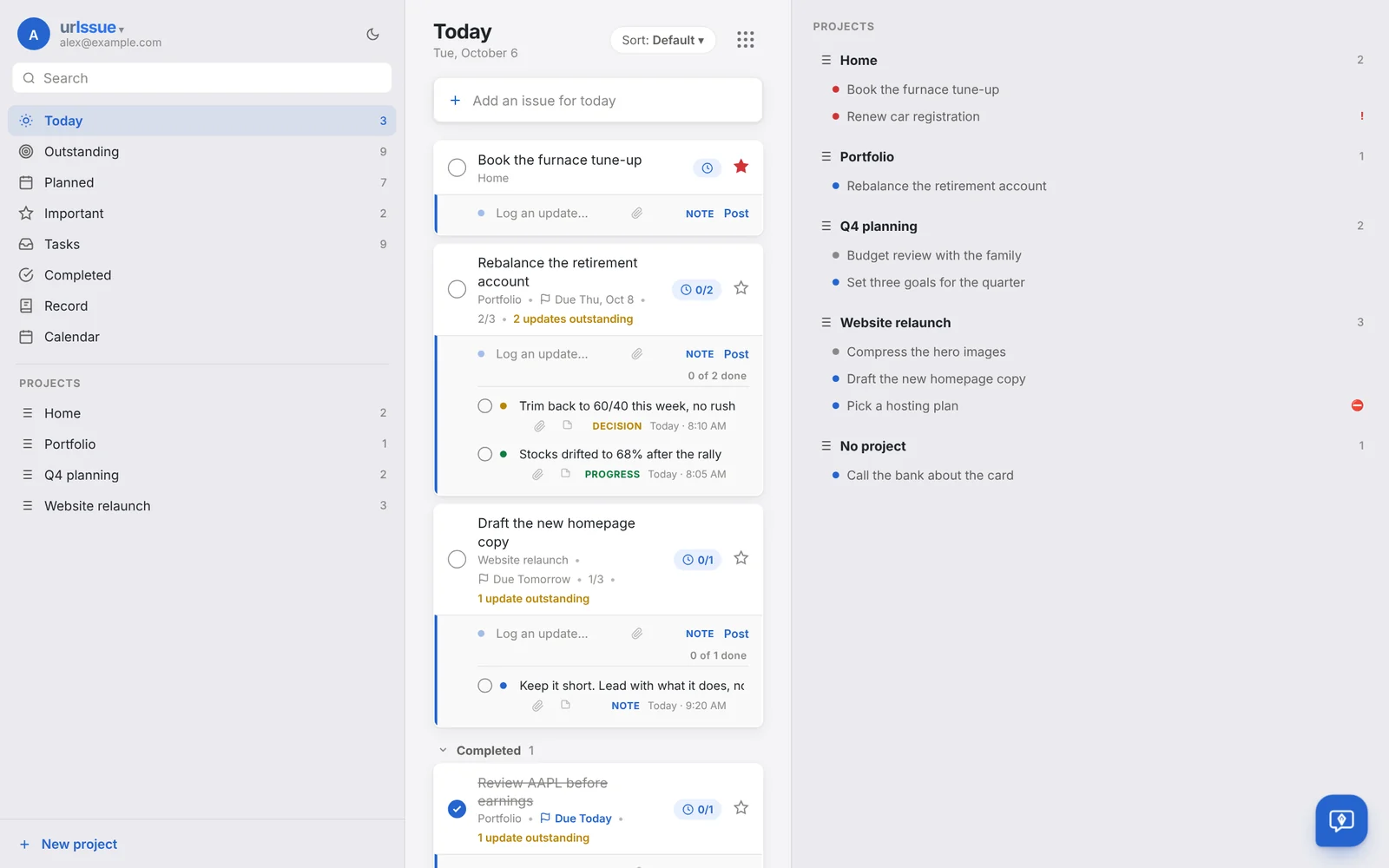urIssue: the Today view with issues, steps and updates, and projects alongside